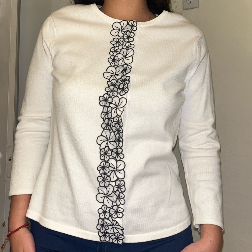 Talbots White Top with Black Floral Design